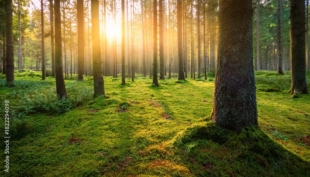 Obraz premium mystical sunrise forest with soft green moss ground