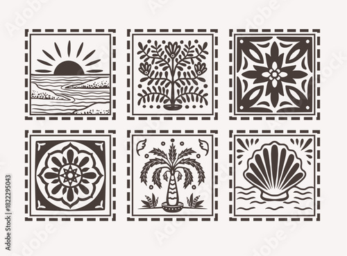 Tropical frame black and white decorative tiles with palm tree ocean vector design