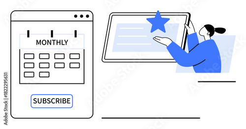 Monthly subscription calendar with subscribe button and person interacting with tablet featuring a star icon. Ideal for subscription management, user engagement, loyalty, planning, scheduling