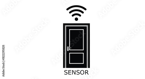 A simple black and white illustration of a door with a wifi signal above it