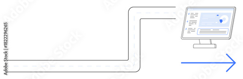 Curved road leading to a monitor displaying a secured dashboard interface. Ideal for data security, innovation, analytics, technology, navigation, progress, user experience. Simple flat metaphor