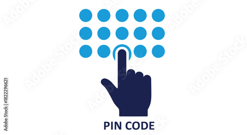 A hand is pressing a blue button within a grid of circles labeled pin code