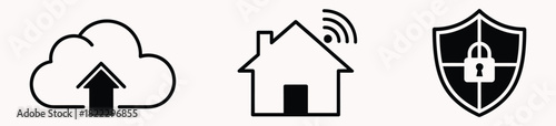 Cloud upload smart home connection and security shield black and white icons