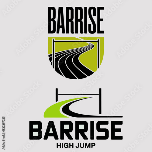 Barrise High Jump crest with curved approach runway and bar uprights, sleek athletics team logo, event badge vector for uniforms, posters and club branding
