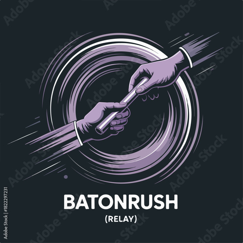 Batonrush relay baton swirl emblem, dynamic handoff motion in metallic ring, modern track team logo badge vector for sprint events, uniforms and branding