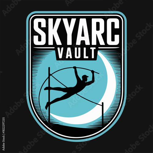 Skyarc Vault pole vault shield with athlete clearing bar against crescent moon, dramatic night team emblem, modern athletics logo vector for track branding