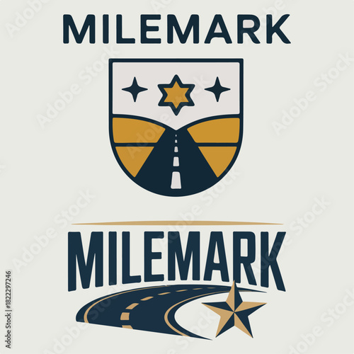 Milemark road racing crest with star and highway shield, clean typography badge set for marathon and distance events, vector emblem for running club branding