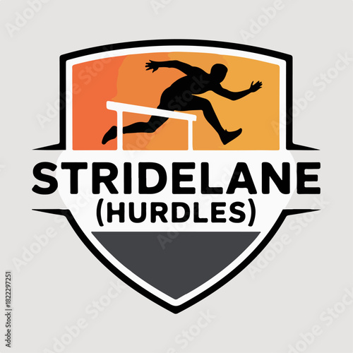 Stridelane hurdles shield logo with hurdler silhouette and barrier, fast track athletics team emblem, competition badge vector for race uniforms and clubs