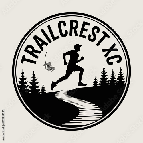 Trailcrest XC circular cross‑country trail running badge with forest pines and winding path, outdoor endurance emblem vector for team race shirts and posters