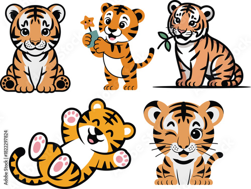Adorable baby tiger clipart set with flower ball and playful poses