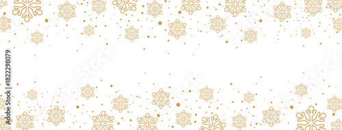 Horizontal winter banner featuring a falling pattern of golden/bronze snowflakes and dots along the top and bottom borders. The elegant design is isolated on white, providing significant central copy 