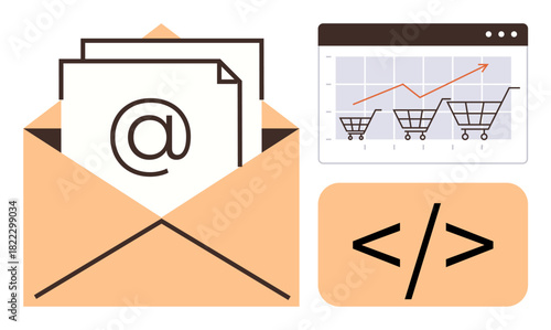 Envelope with email symbol, rising e-commerce sales graph, and coding tag icon. Ideal for digital communication, e-commerce, online marketing, coding, data analysis, email campaigns simple flat
