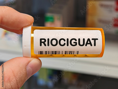 Box of RIOCIGUAT tablets on a hospital pharmacy table used to treat pulmonary hypertension a soluble guanylate cyclase stimulator.