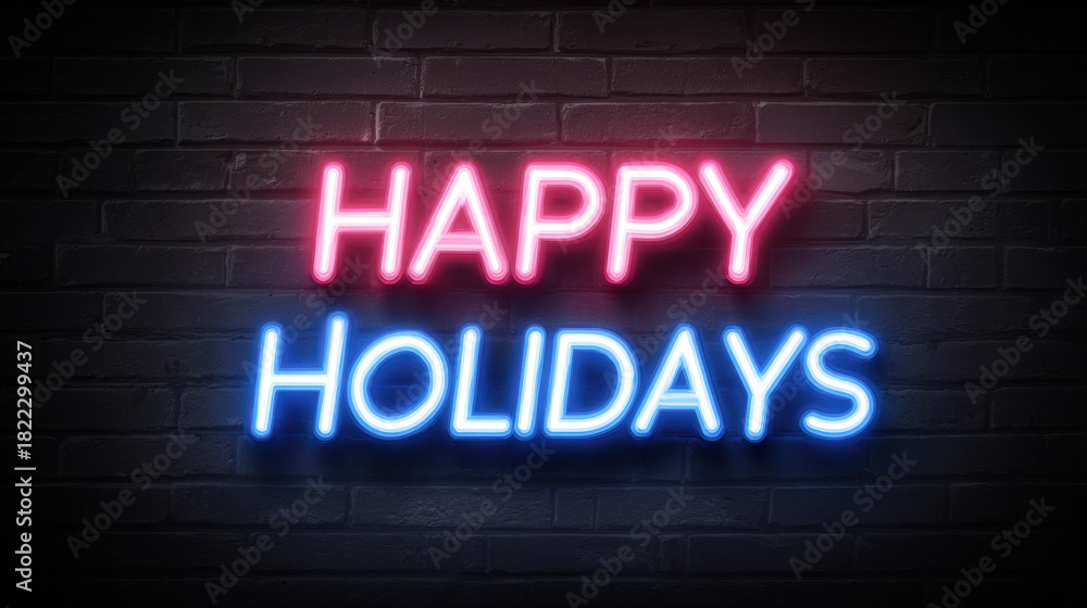 Obraz premium Happy holidays neon sign in pink and blue lighting against a dark brick wall conveying a festive vibrant mood