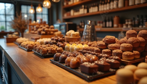 Assortment of sweet pastries and chocolates displayed on a wooden counter in a cafe. Various baked goods with toppings like nuts and powdered sugar are arranged artfully for sale.