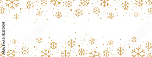 Horizontal winter banner featuring a falling pattern of golden/bronze snowflakes and dots along the top and bottom borders. The elegant design is isolated on white, providing significant central copy 