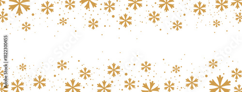 Horizontal winter banner featuring a falling pattern of golden/bronze snowflakes and dots along the top and bottom borders. The elegant design is isolated on white, providing significant central copy 