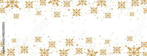 Horizontal winter banner featuring a falling pattern of golden/bronze snowflakes and dots along the top and bottom borders. The elegant design is isolated on white, providing significant central copy 