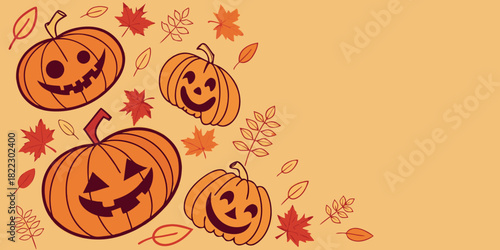 halloween jack o lantern pumpkins with autumn maple leaves on orange gradient background