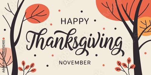 happy thanksgiving day november greeting card with autumn trees and falling leaves design