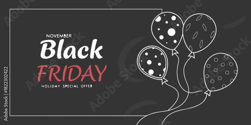 black friday special promo offer sale banner with decorative balloons on dark background