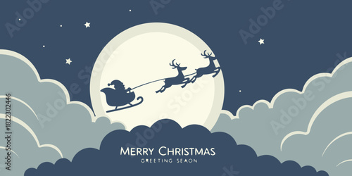 merry christmas and happy new year night scene with santa sleigh reindeer and full moon