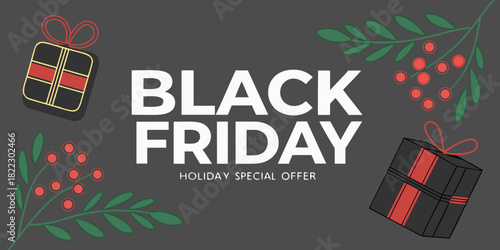 black friday special promo offer sale banner with gift box and holiday decorations design