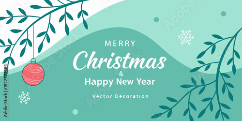 merry christmas and happy new year greeting card with botanical branches ornament snowflakes design