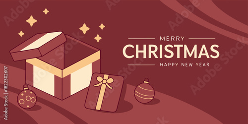 merry christmas luxury banner with golden gift box and elegant burgundy background design