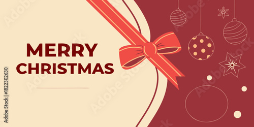 merry christmas gift wrap design with bow and ribbon split color greeting card