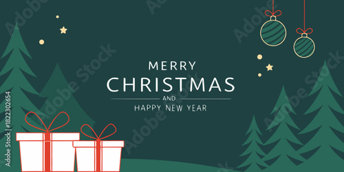 merry christmas elegant banner with gifts ornaments and pine tree minimalist design