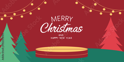 merry christmas product display podium with trees and golden lights banner design