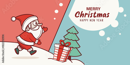 merry christmas cartoon santa claus with tree and gifts cheerful greeting card