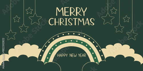 merry christmas art deco card with golden rainbow arch and hanging ornaments design