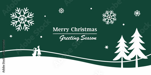 merry christmas greeting card with snowflakes and winter landscape design