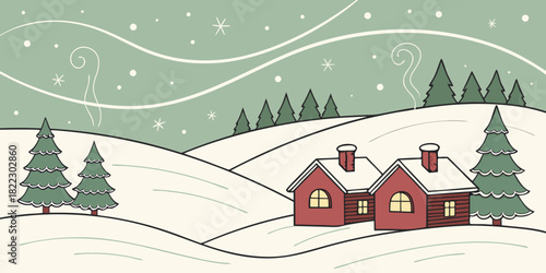 cozy red cabins in winter snow landscape with pine trees and stars illustration