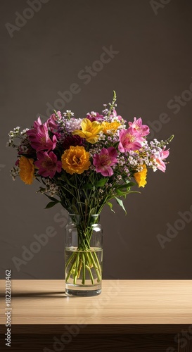 Wallpaper Mural A beautiful floral bouquet arranged elegantly in a simple glass vase, resting on a bright wooden table surface ,wood ,container ,classic Torontodigital.ca