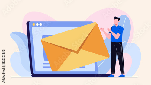 Person Receiving Promotional Email from Giant Computer – Flat Pastel Illustration