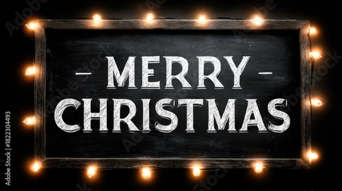 Chalkboard merry christmas sign with glowing string lights around a rustic wooden frame