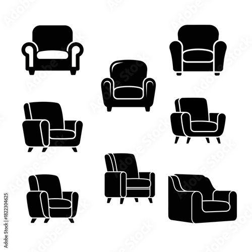Collection of armchairs in various styles arranged on white surface showcasing furniture options for home decor and interior design projects.