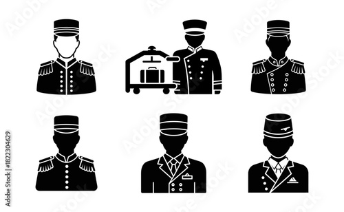 Hotel bellhops in uniform standing at attention in hotel lobby, ready to assist guests with luggage and provide excellent service.