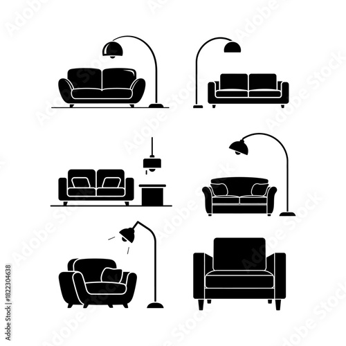 Silhouetted furniture arrangement showcasing sofas, armchairs, and lamps in a minimalist living room, creating a modern and stylish ambiance.