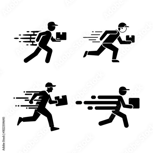 Courier delivering package quickly with speed lines, emphasizing urgent delivery and efficiency in monochrome style.