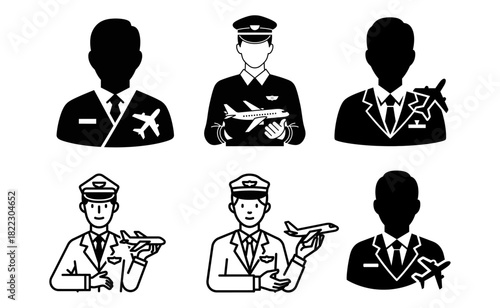 Silhouetted and outlined pilots holding miniature airplanes represent aviation industry and travel, symbolizing flight, transportation, and global connection.