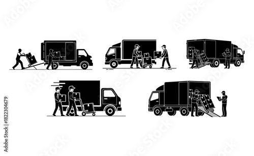 Movers loading boxes into truck during relocation process depicting stages of moving company service, conveying efficiency and hard work.