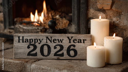 Rustic wooden happy new year 2026 sign with candles beside a warm glowing fireplace