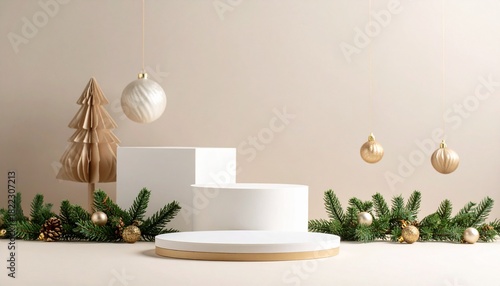 christmast background one colour and little decoration and podium. minimalist style