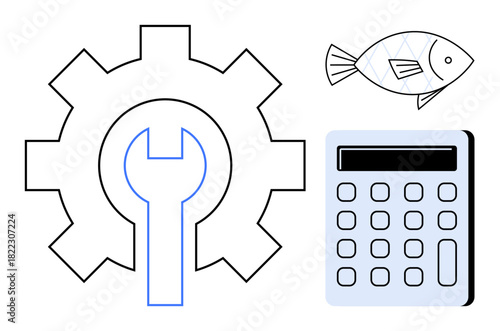 Gear with wrench for mechanics, fish for nature, and calculator for calculation or logic. Ideal for engineering, eco-solutions, creativity, innovation, mathematics, business processes simple flat