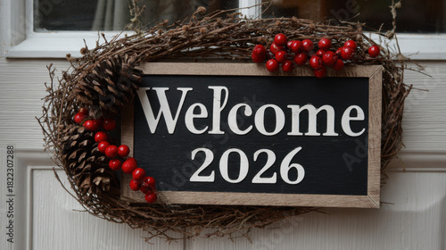 A rustic wreath decorated with pinecones and red berries featuring a black welcome 2026 sign hanging on a white door for seasonal holiday decor