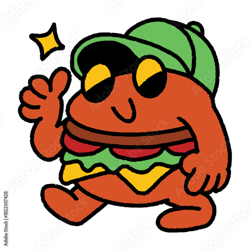 Fun burger character wearing a baseball cap giving a thumbs up, perfect for adding a playful touch to menus, social media, or branding, cartoon food mascot